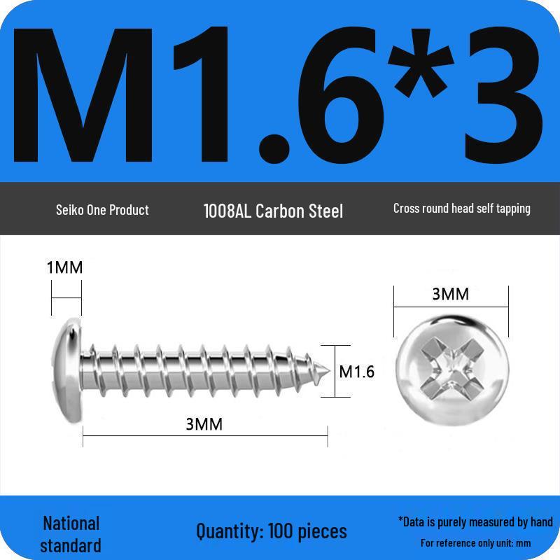 Galvanized Self-Tapping Screws, Round Head, White Zinc, PA Cross Pan, Pointed Tail M1.2-M4
