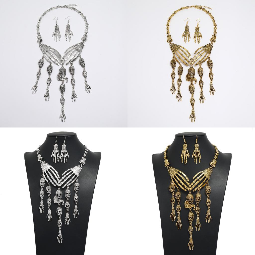 Fashion Bone Hand Women Necklace And Earring Set With Skeleton Design Fringe