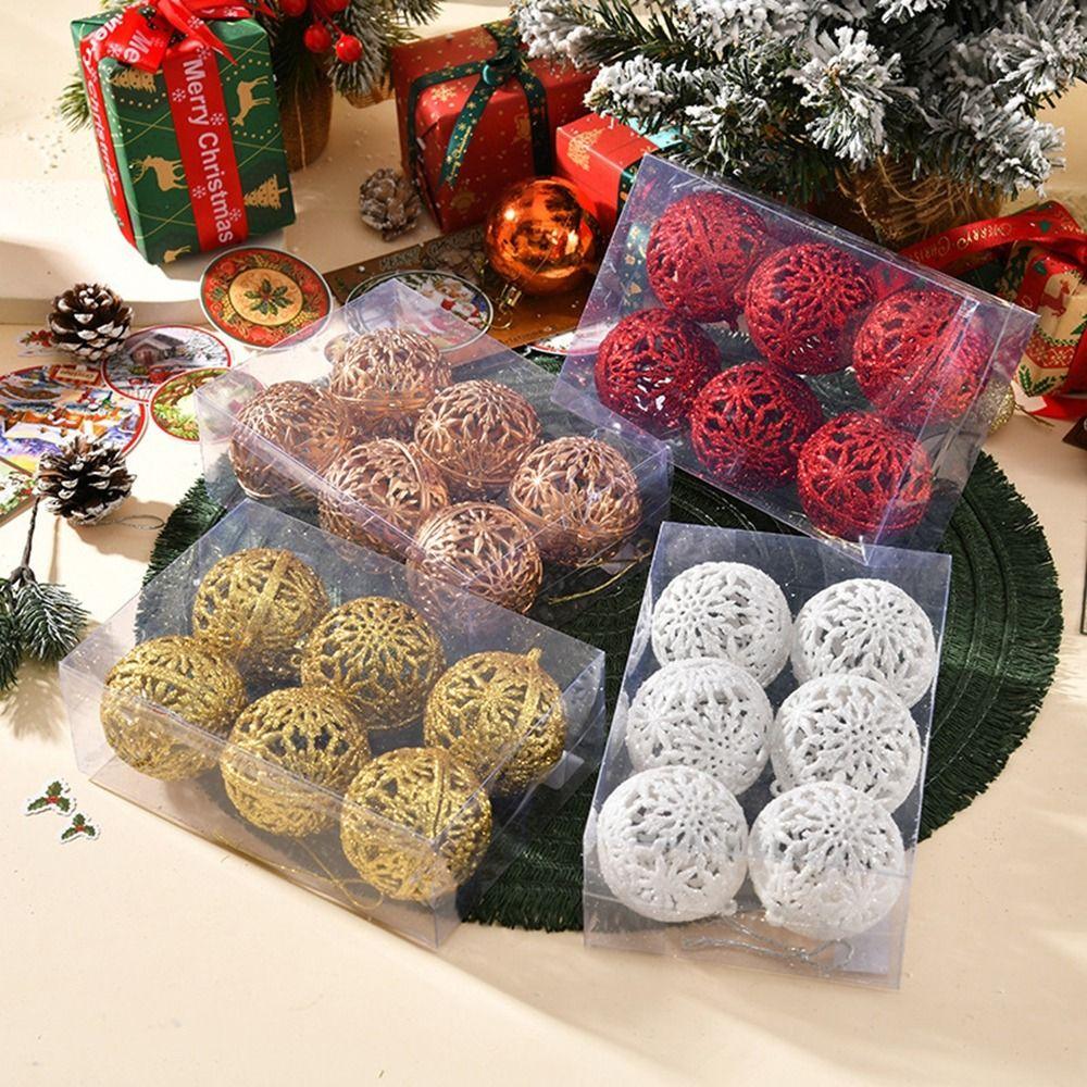 6Pcs 6CM Christmas Glitter Ornament Balls Red Gold Christmas Ball Pendants Hollow Out Decorative Christmas Tree Decoration