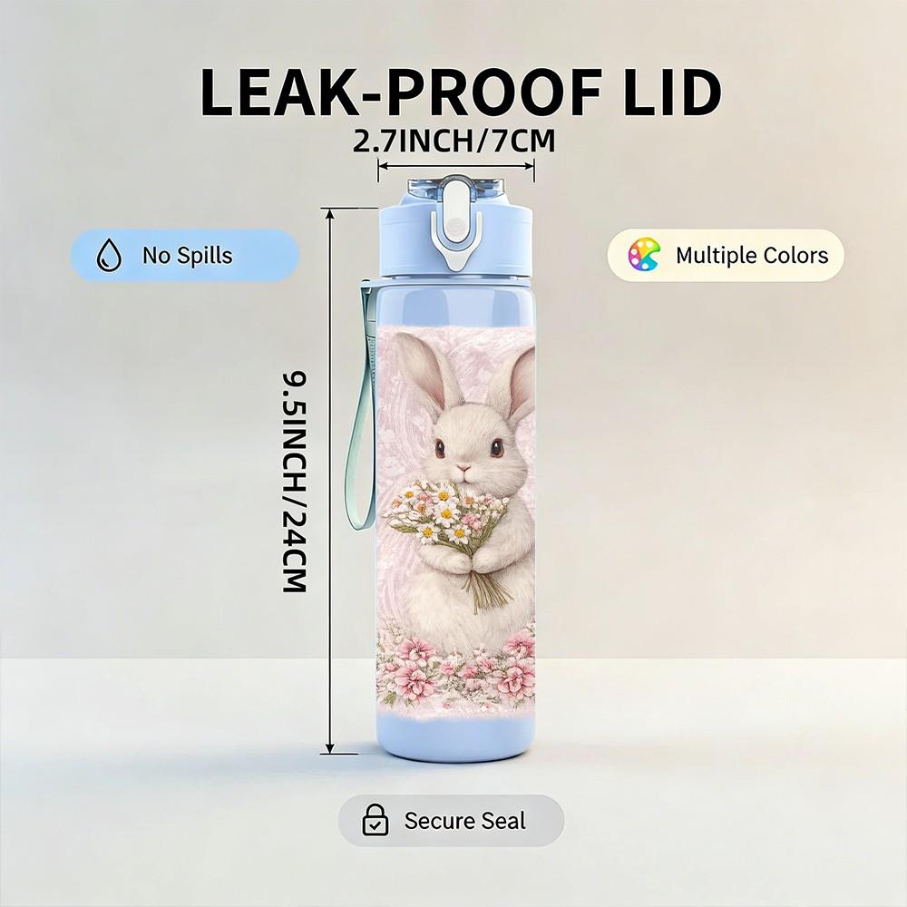 1PC Bunny Holding Pink Flower Print 750ml Color Plastic Sports Water Bottle Leakproof Flip Straw Lid Suitable for Sports Office Home Use