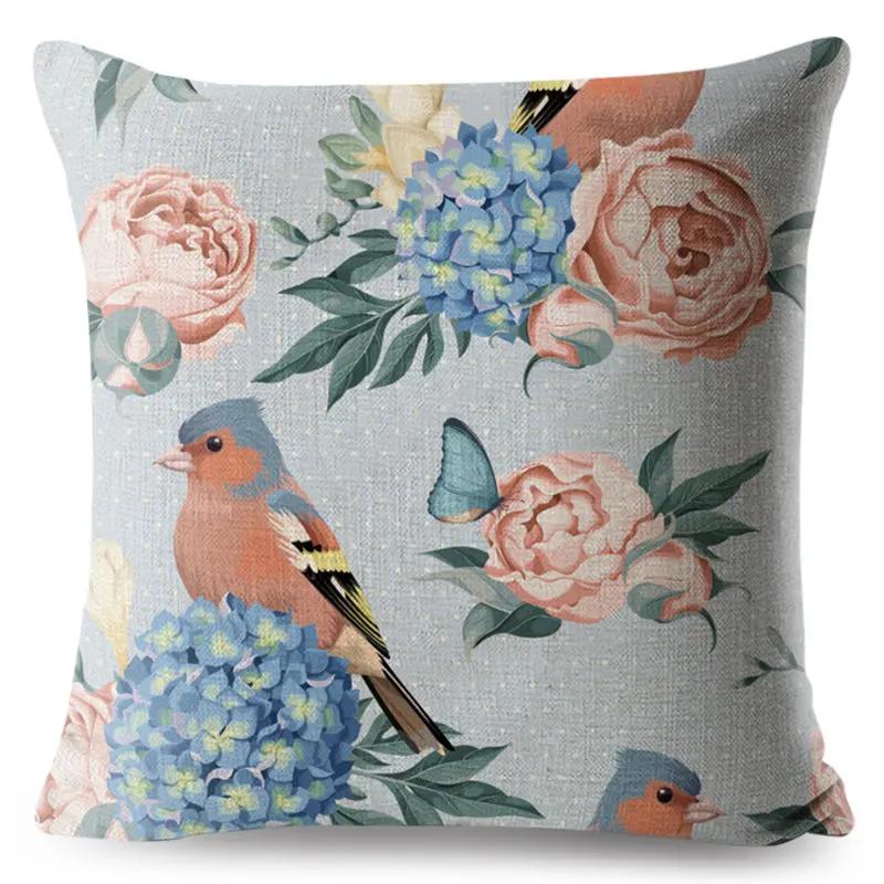 Винтажная наволочка с цветком, декоративная синяя наволочка с изображением цветка и птицы, полиэстеровая наволочка для дивана, автомобиля, дома 45x45 см