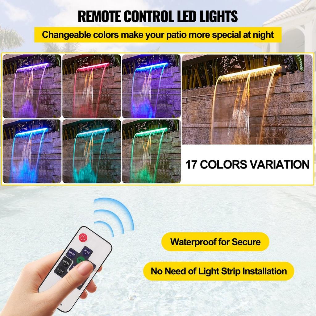 Fountain Spillway 36.2x3.2x8.1 Inch, Pool Waterfall Fountain 17 Colors Led, Pool Water Fall Kit With Remote, Pool Spillway Solid Acrylic Pool