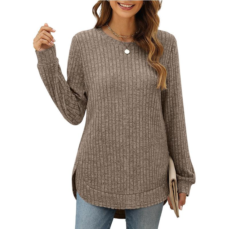 Womens Long Sleeve Tops Plus Size Crew Neck Jumpers Solid Color Side Spilt Pullover T-Shirt Tunic Shirt
