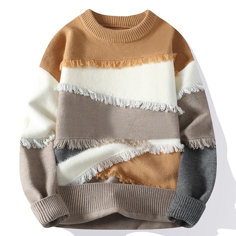Mens Winter Loose Fit Knit Sweater With Color Block Design Round Neck Long Sleeve Casual Pullover Young Adults