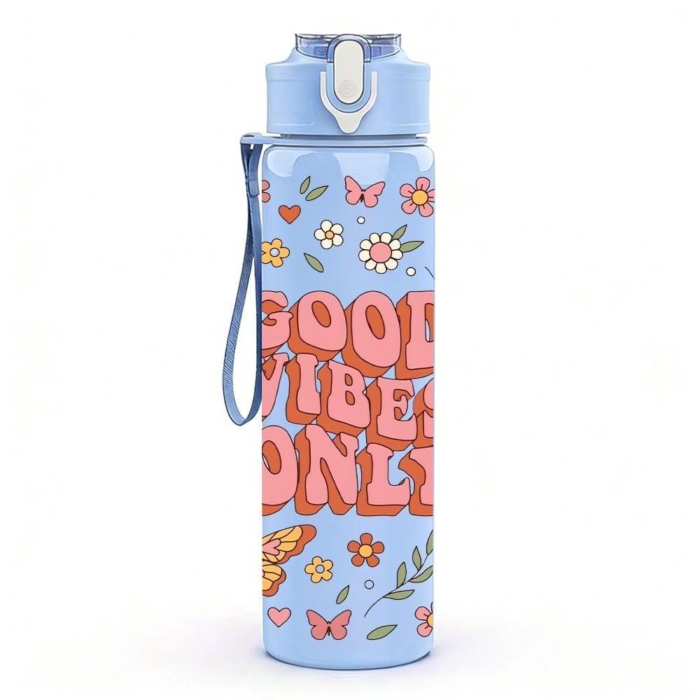 1PC Good Vibes Only Retro Floral Lettering Print 750ml Color Plastic Sports Water Bottle Leakproof Flip Straw Lid Suitable for Sports Office Home Use