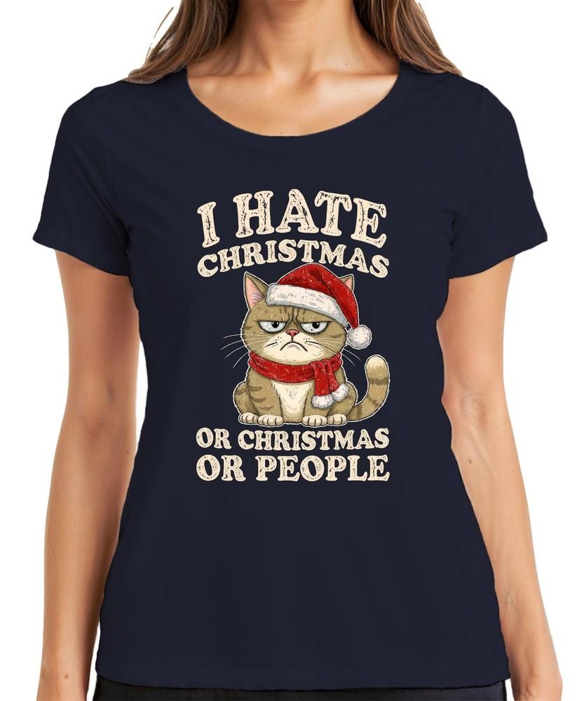 I Hate Christmas Or Christmas Or People Funny Cat Sarcastic Ladies TShirt