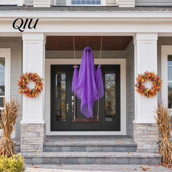 Swinging Ghost Light Halloween Decoration, Large Hanging Swing with LED String Lights, Glowing Ornament Battery Powered Figure for Outdoor Indoor