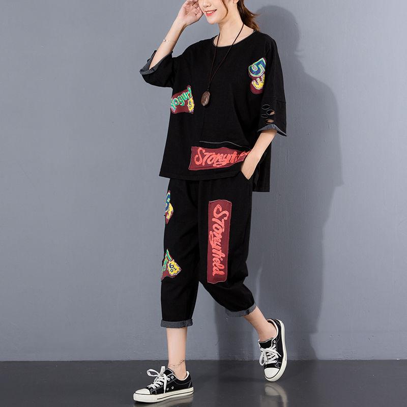 Loose Short Sleeve Women's T-Shirt and Seven-Foot Pants Casual Fashion Two-Piece Set with Patchwork Summer