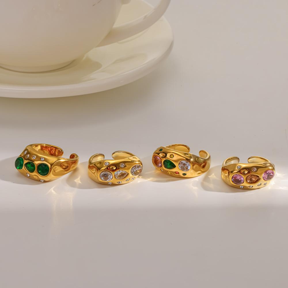 Stainless Steel Adjustable Ring for Women Colorful Crystals 18K Gold Color Rings Luxury Jewelry High-Quality Fashion Accessies