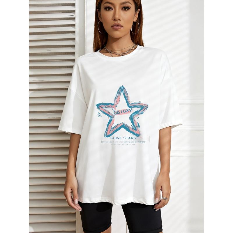 Oversized T-Shirt White Galaxy Star Print Shine Stars Text Casual Streetwear For Women