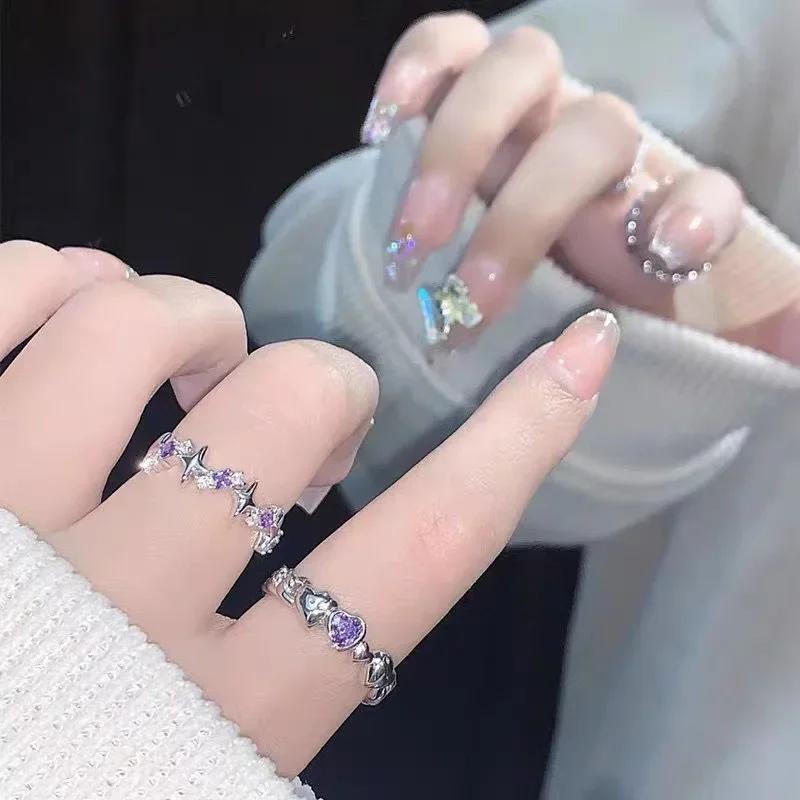 Purple Crystal Irregular Heart Ring for Women Korean Fashion Luxury Zircon Open Adjustable Y2K Style Exquisite Jewelry Accessory