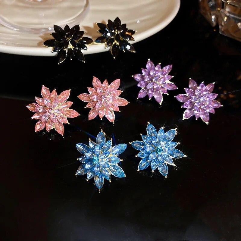 Exaggerated Luxury Crystal Flower Stud Earrings Women's Temperament Elegant Fashion Design Wedding Party Jewelry Valentine Gifts