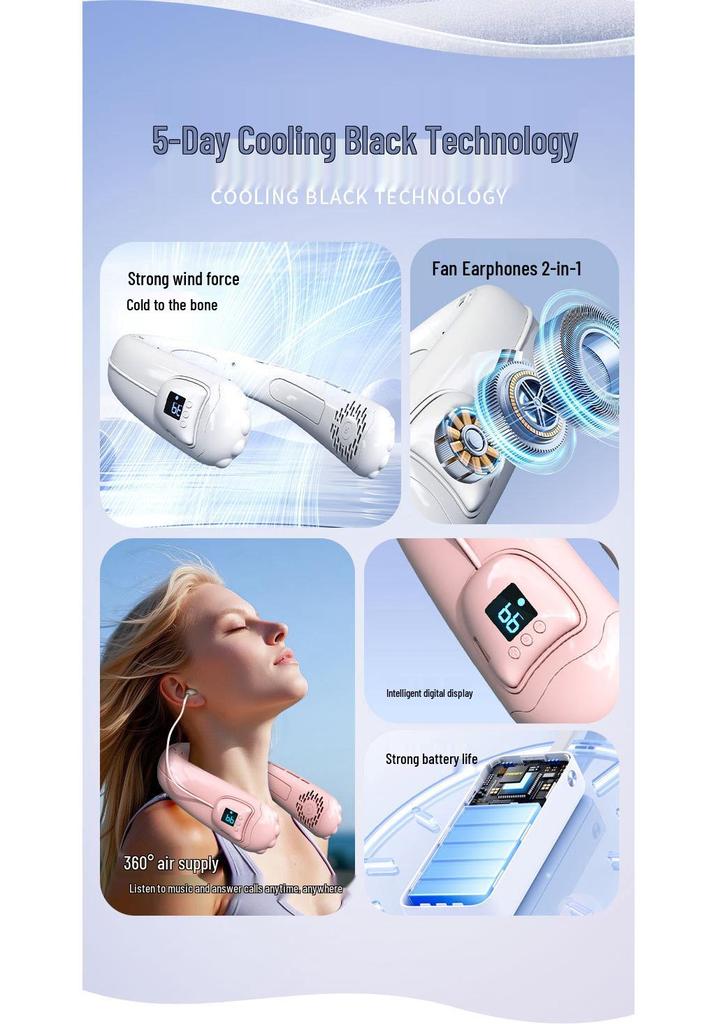 Bluetooth-вентилятор-гарнитура на шею с USB-зарядкой для активного отдыха на природе