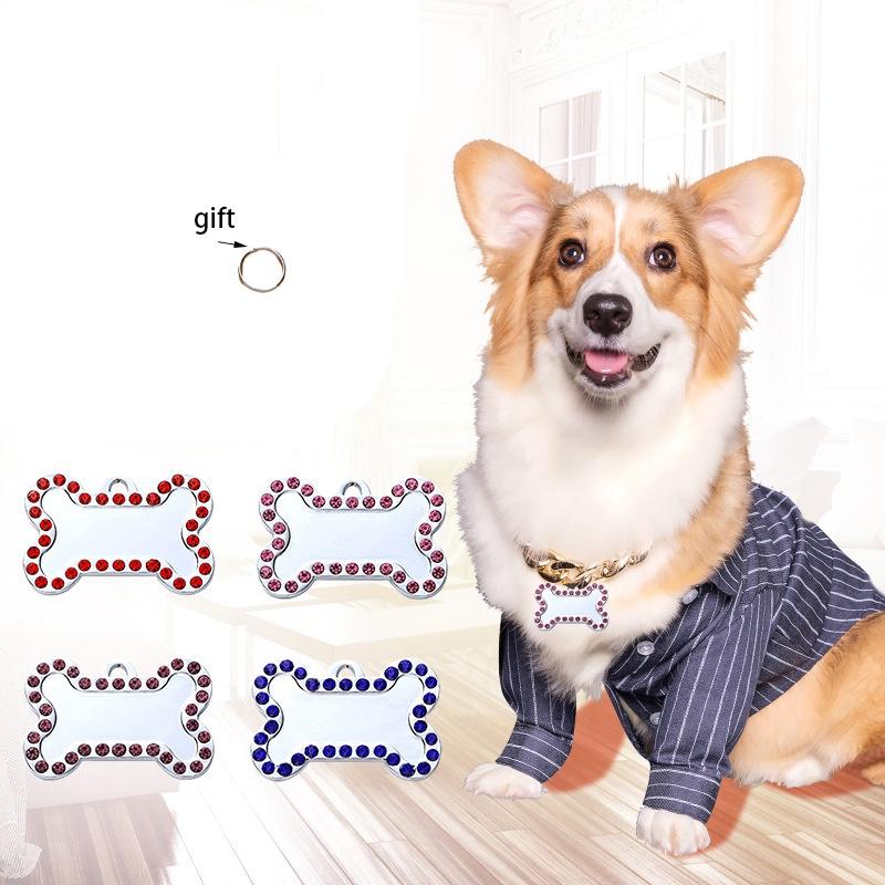 Pet Diamond Edge Dogs Tag Bone Shaped Anti Loss Jewelry Metal Pink Pendant Blue
