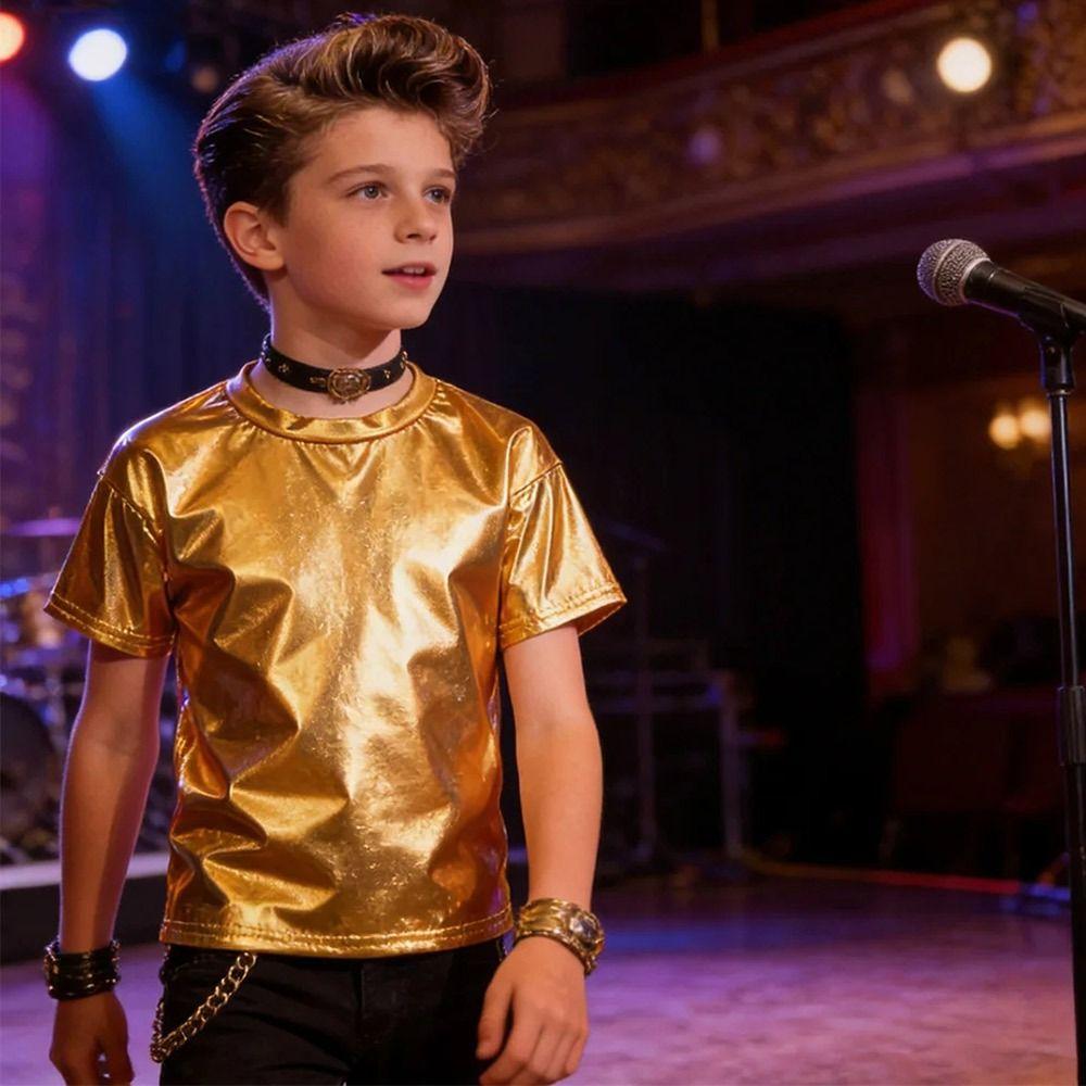 Disco Metallic Top Hip Hop Performance Dancewear Fashion Dance Top Kids Boys Girls