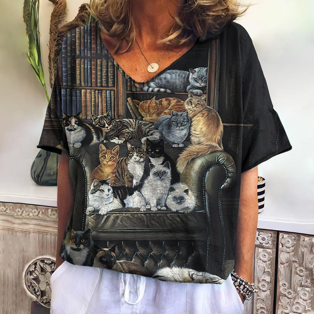 Винтажная женская одежда, футболки с милыми животными, женская одежда, повседневные футболки с короткими рукавами, пуловер большого размера с v-образным вырезом, уличная одежда