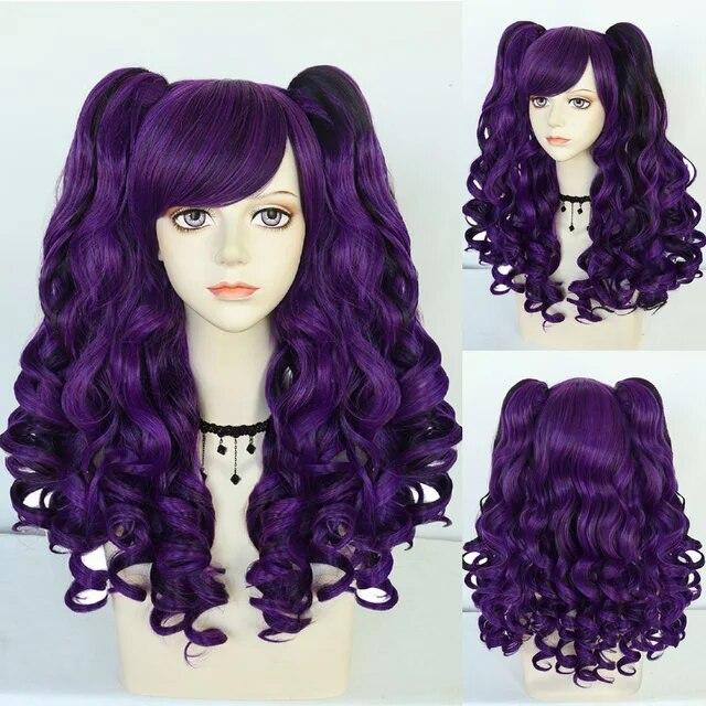 Парик для косплея Синтетический длинный цветной вьющийся парик для косплея Лолиты для девочек с двойными хвостиками и 1 шапочкой для парика