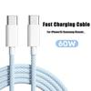Кабель Type C — Type C, PD Быстрая зарядка 60 Вт, USB C Кабель, Плетеный кабель для iPhone 15 Pro Max Samsung OPPO VIVO Xiaomi