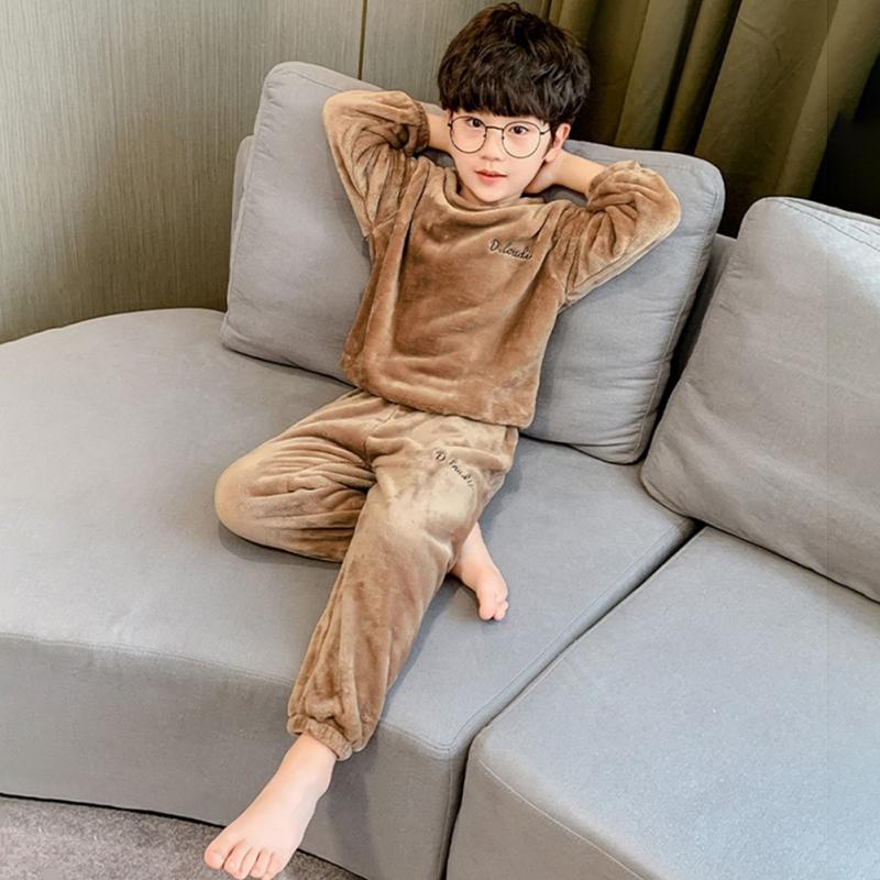Детская домашняя одежда, детский пижамный комплект из двух частей, теплый домашний костюм цвета кораллового бархата