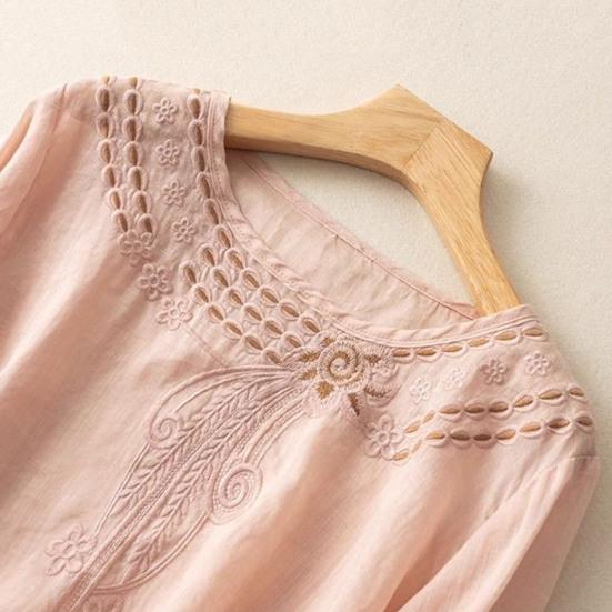Women's Cotton Linen Embroidery Shirts Hollow Out Shirt with Half Sleeves Vintage Casual Summer Blouse for