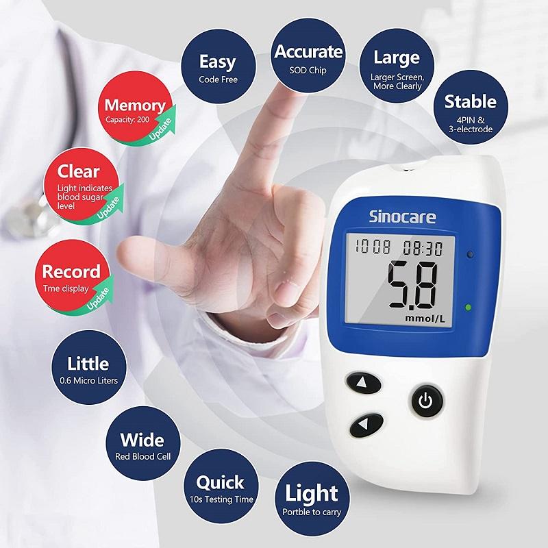 Sinocare Монитор уровня глюкозы в крови Safe-ACCU2 с набором для тестирования диабета на 50/100/200 тест-полосок в ммоль/л или мг/дл
