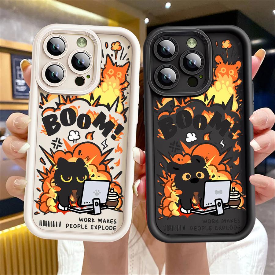 Чехол для Apple iPhone 11 15 Pro Max 14 Plus 13 12 16 Ударопрочный Силиконовый Funda Чехол для телефона Мультяшный Черный Кот Взрыв