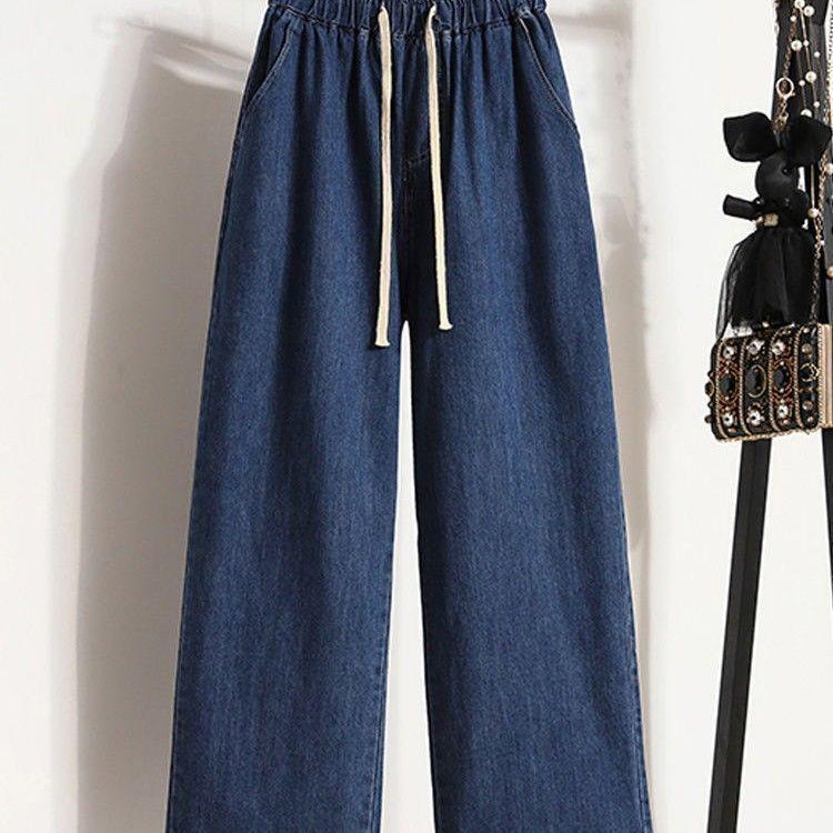 Новые джинсы больших размеров, летние женские, базовые, эластичные, широкие, свободные, повседневные, женские, синие брюки