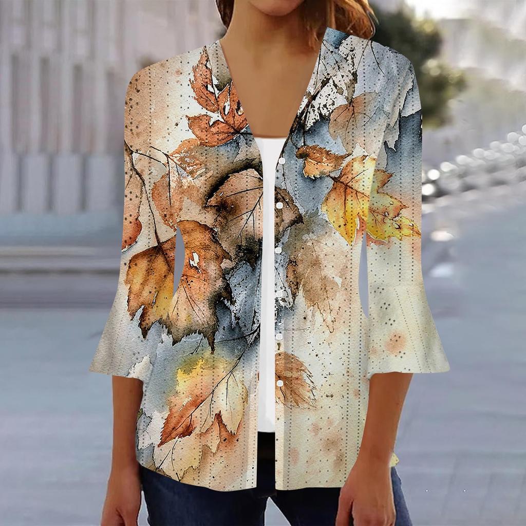Women's Fashion Loose Casual Printed Three-quarter Sleeve Button Shirt Cardigan Top