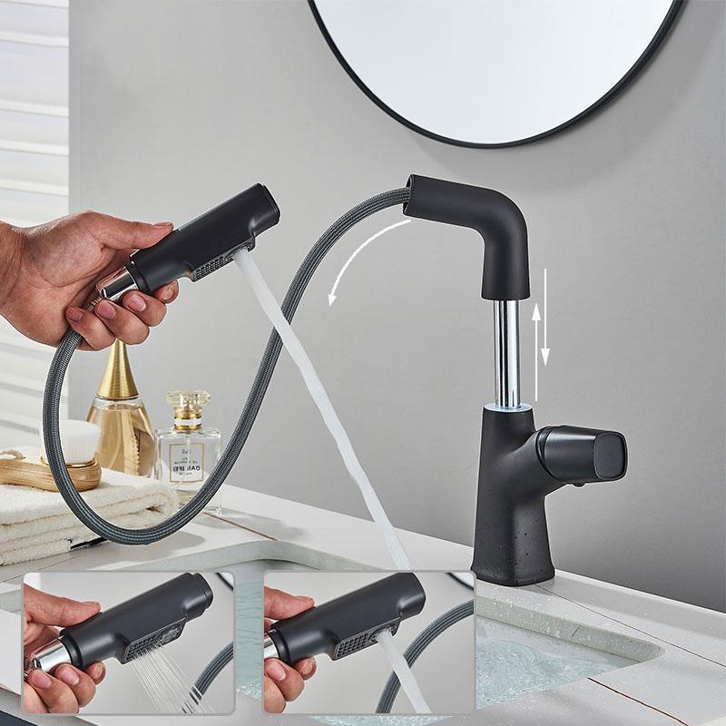 Выдвижной смеситель для раковины, подъемный латунный смеситель для ванной комнаты, смеситель для горячей и холодной воды, подъем на 360° вверх и вниз, смеситель для раковины в ванной, двойной режим