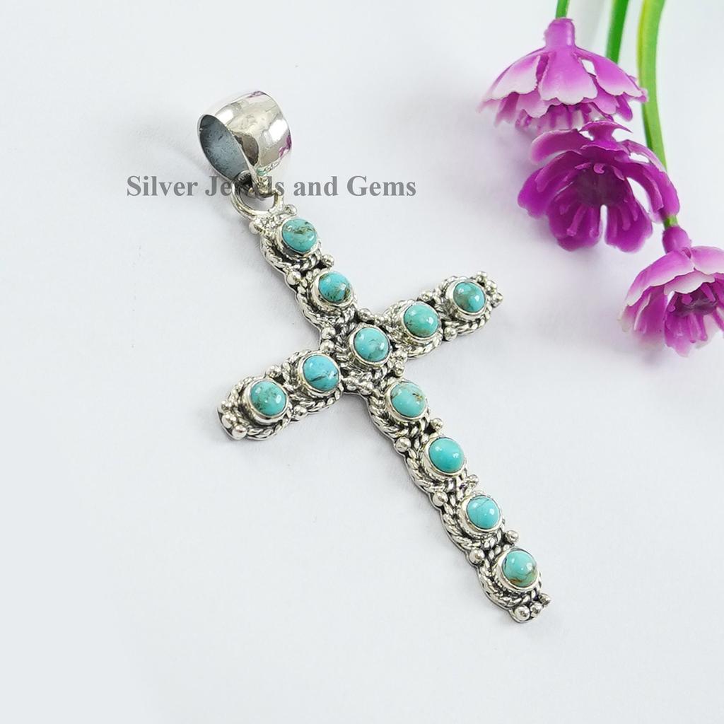 Natural Turquoise Cross Pendant, Anniversary Pendant, Round Multi Stone Pendant, 925 Sterling Silver Pendant, Arizona Turquoise Pendant