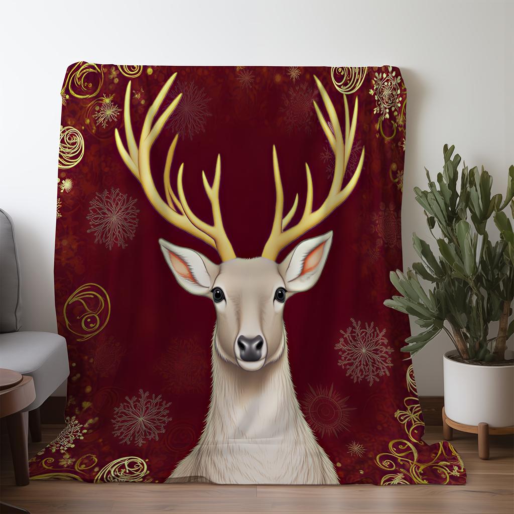 1pc Christmas Flannel Blanket - Soft Deer & Snowflakes Winter Throw in Burgundy Golden, All-Season Couch Bed Travel Camping Off