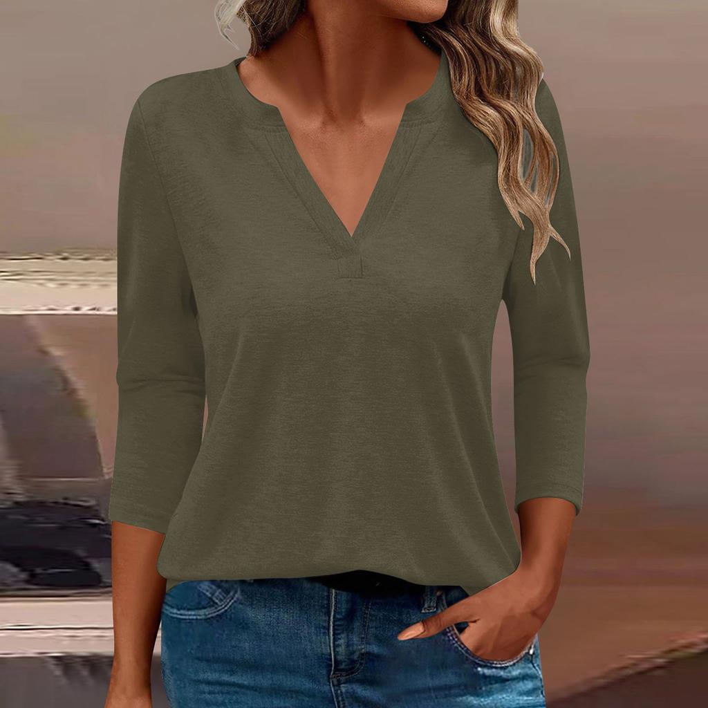 Жен. Футболка Футболка Сплошной цвет Рукав 3/4 Повседневные Выходные Мода Классический V-образный вырез Обычный Топ