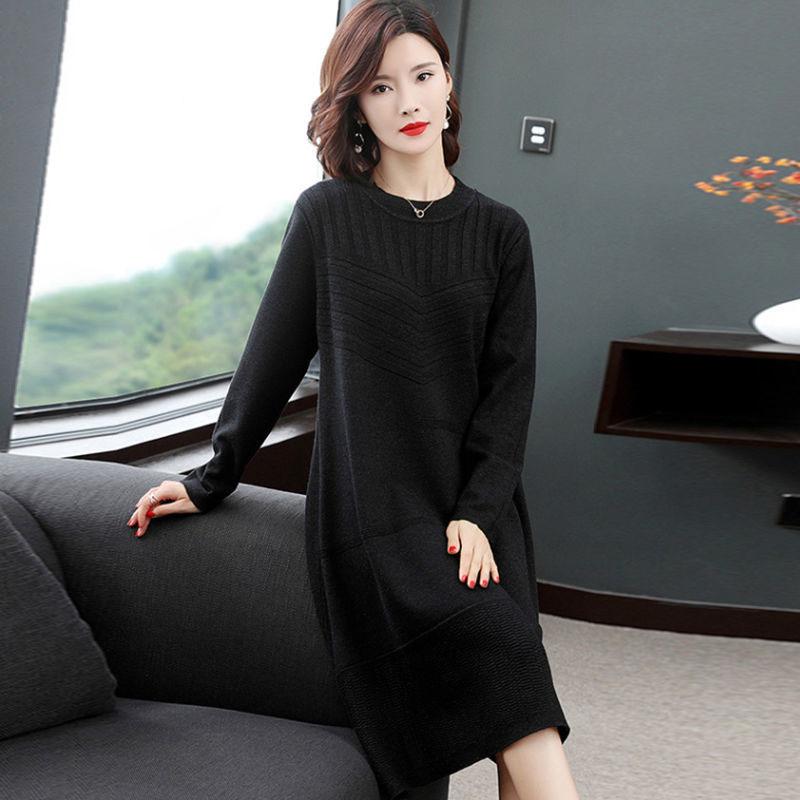 Large Size Knitted Dress In The Long Section Was Thin Temperament Base Dress Pure Color Simple Middle-aged Women Sweater Dress