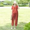 Women Cotton Linen Casual Short Sleeve T-Shirt Top Harlan Cropped Pant Suit Summer Fashion 2 Piece Set Plus Size