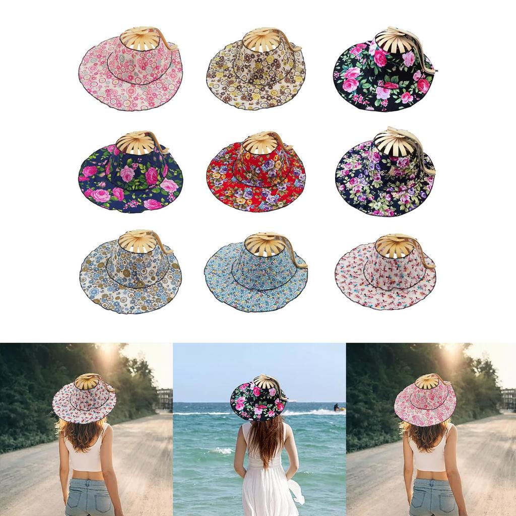 2 in 1 Bamboo Fan Foldable Sun Hat Floral Protection Cap Portable Multifunctional Women Folding