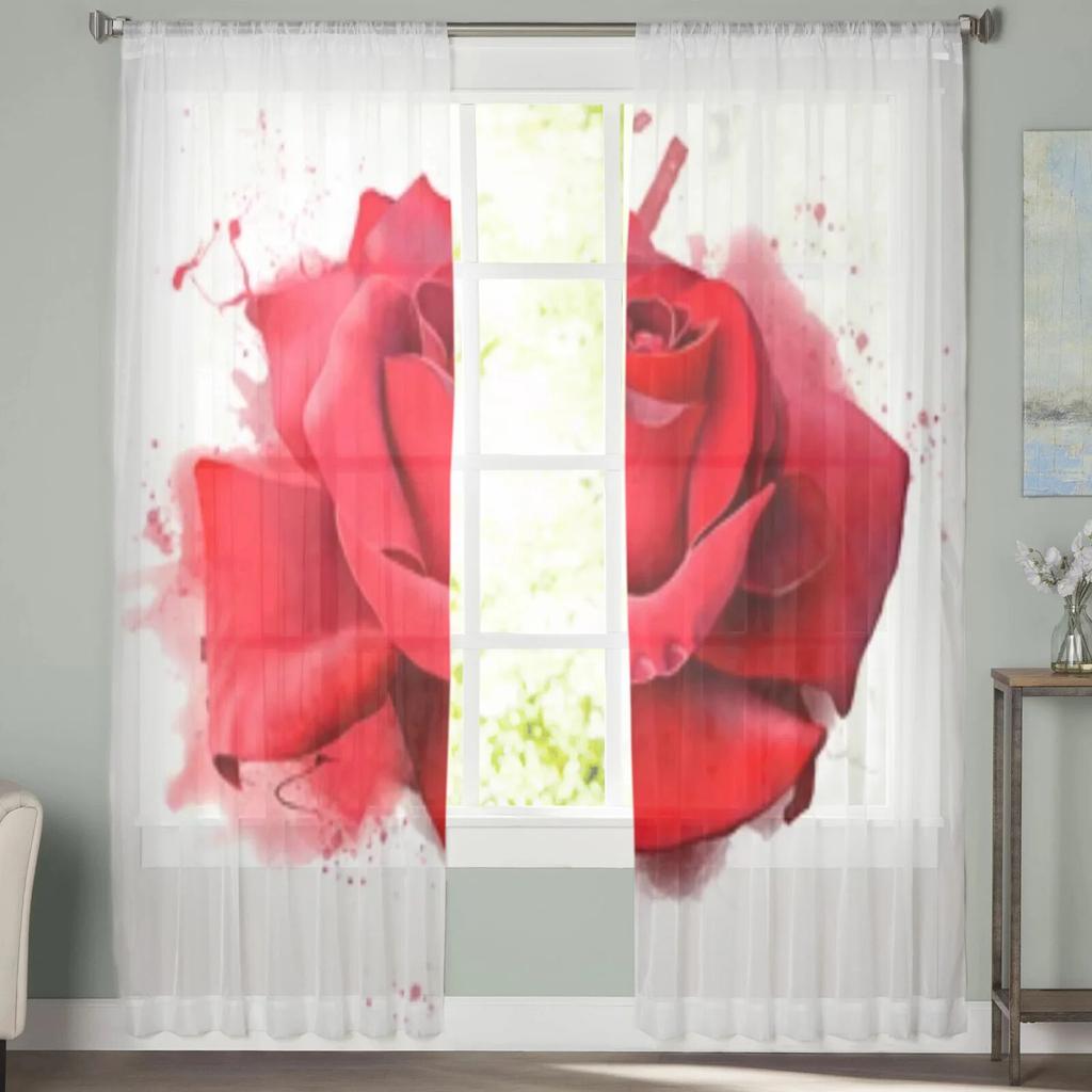 Luxurious Red Rose Sheer Curtains For Living Room Bedroom Kitchen Tulle Home Decor