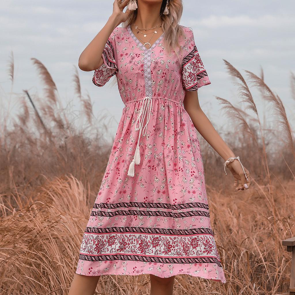 YYFS Women's Vintage Bohemia Summer Spring Floral Print Short Sleeve V-Neck Casual Dresses