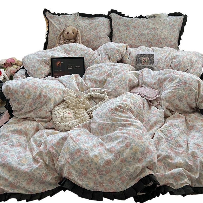 Class A Maternal Infant Grade Wrinkled Cloud Double-Layer Yarn Lace Quilt Cover, Bed Sheet 4-Pcs Set, Student Dormitory 3-Piece Set