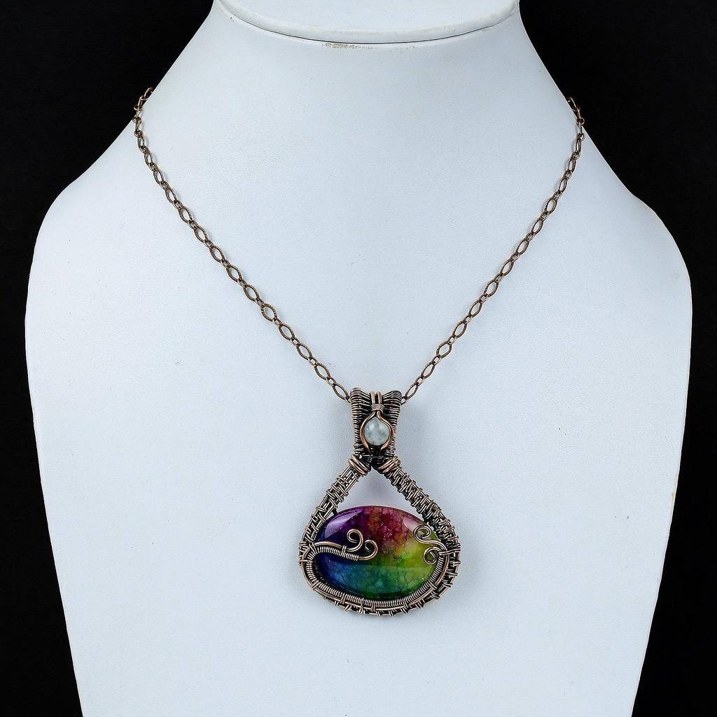 Rainbow Solar Quartz Gemstone Pure Copper Wire Wrapped Handmade Pendant Jewelry For Her