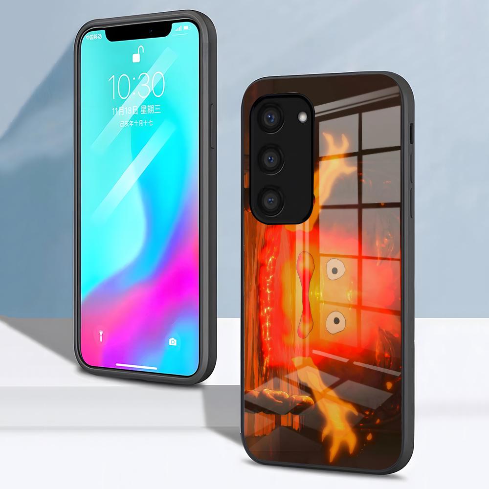 Аниме Милый Чехол-Калькулятор Кальцифер для Samsung S26 S25 S24 FE S23 S22 S21 Plus S20 Ultra Note20Ultra Черная Стеклянная Крышка
