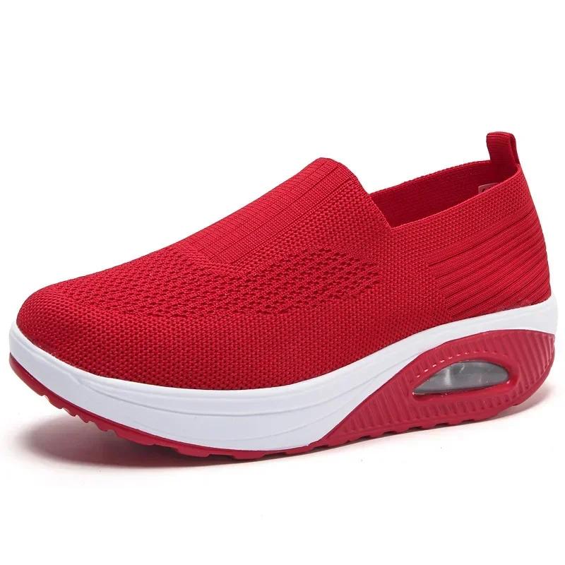 Fashion Women Knitted Mesh Sneakers Breathable Casual Sport Shoes Wedge Platform Rocking Shoes Increasing Ladies Vulcanized Shoes2024