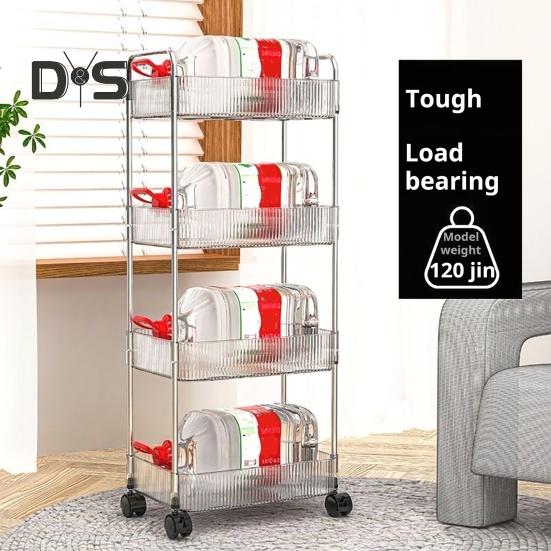 Movable Shelf with Wheels Multi-tiers Storage Rack Rolling Cart Transparent Basket Organizer Trolley for Snacks Cosmetics Bathroom