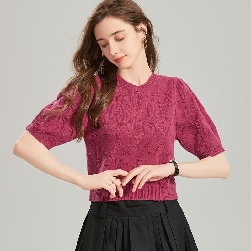 Snowforte Women's Wool-Blend Diamond Pattern Puff Sleeve Knit Top