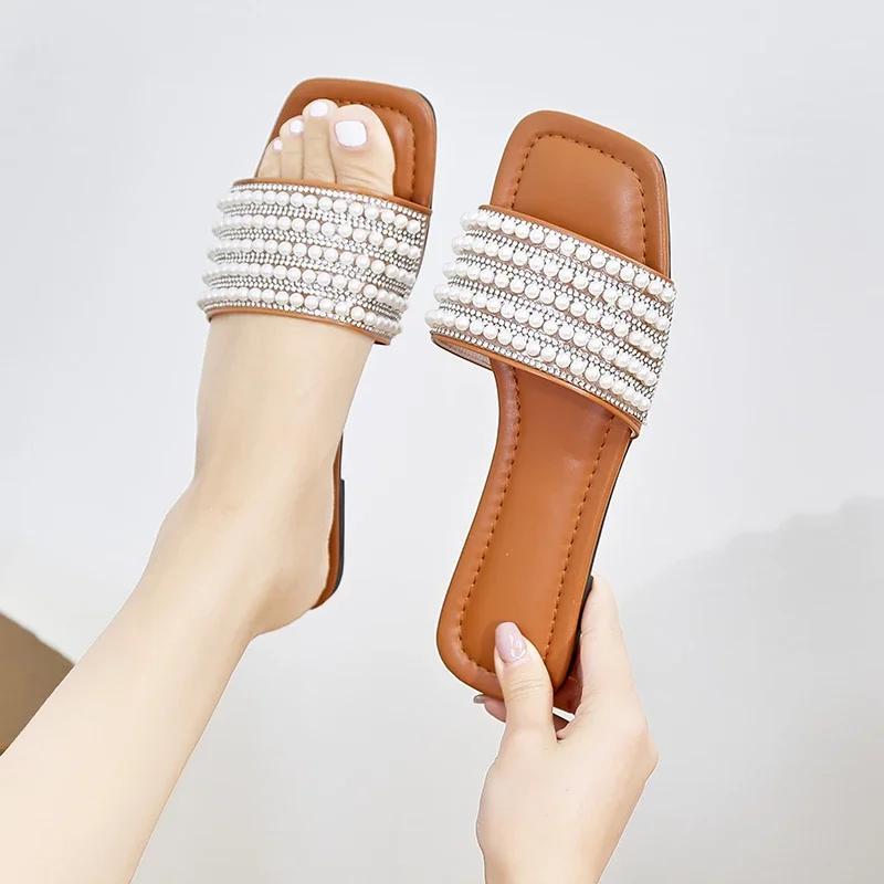Плоские шлепанцы для женщин, модные женские сандалии с бисером, летние женские тапочки конфетных цветов