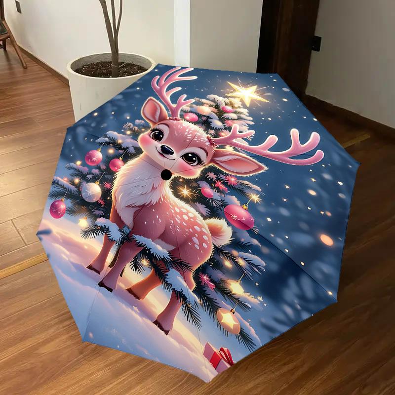 1PC Christmas, Deer Automatic Open/Close Umbrella with Windproof, 8-Rib Sturdy Canopy, Durable Ribs, Fashionable Design, Outdoor Accessory, Fun Prin,