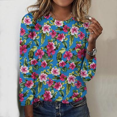 Топы на весну и осень с принтом цветов и листьев, круглым вырезом и длинными рукавами, футболка, повседневный тонкий женский топ с длинными рукавами