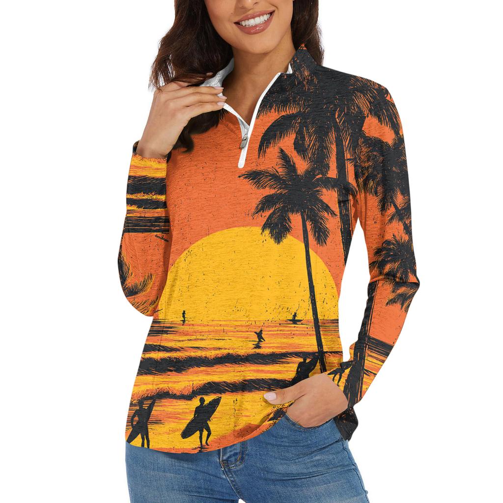 Women's Casual Fashion Retro Floral Print Long Sleeve Zipper Neck Top T-shirt