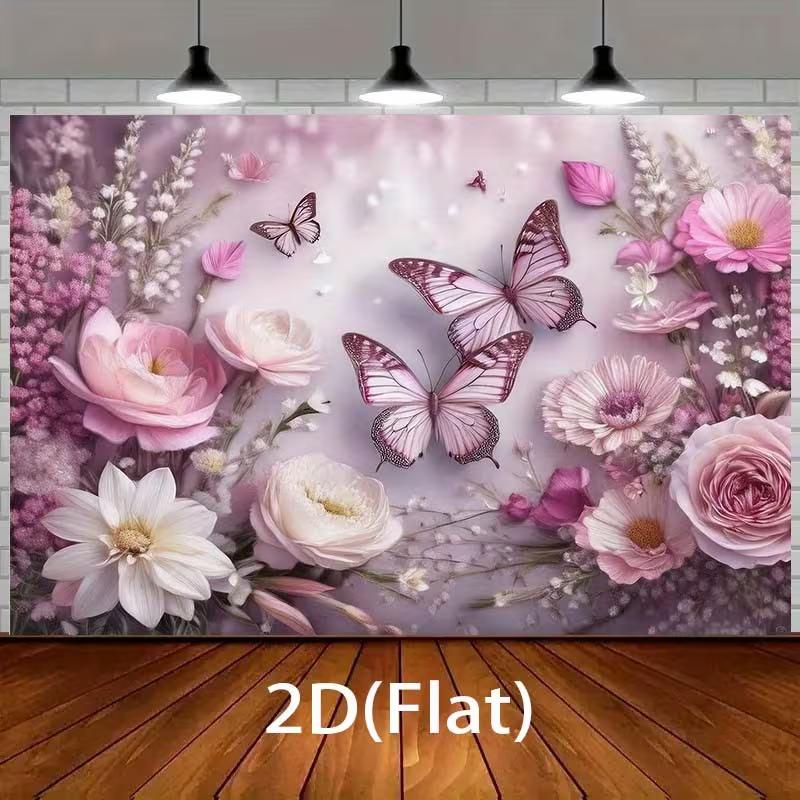 2D Bridal Shower Backdrop, Elegant Pink Floral & Butterfly Banner