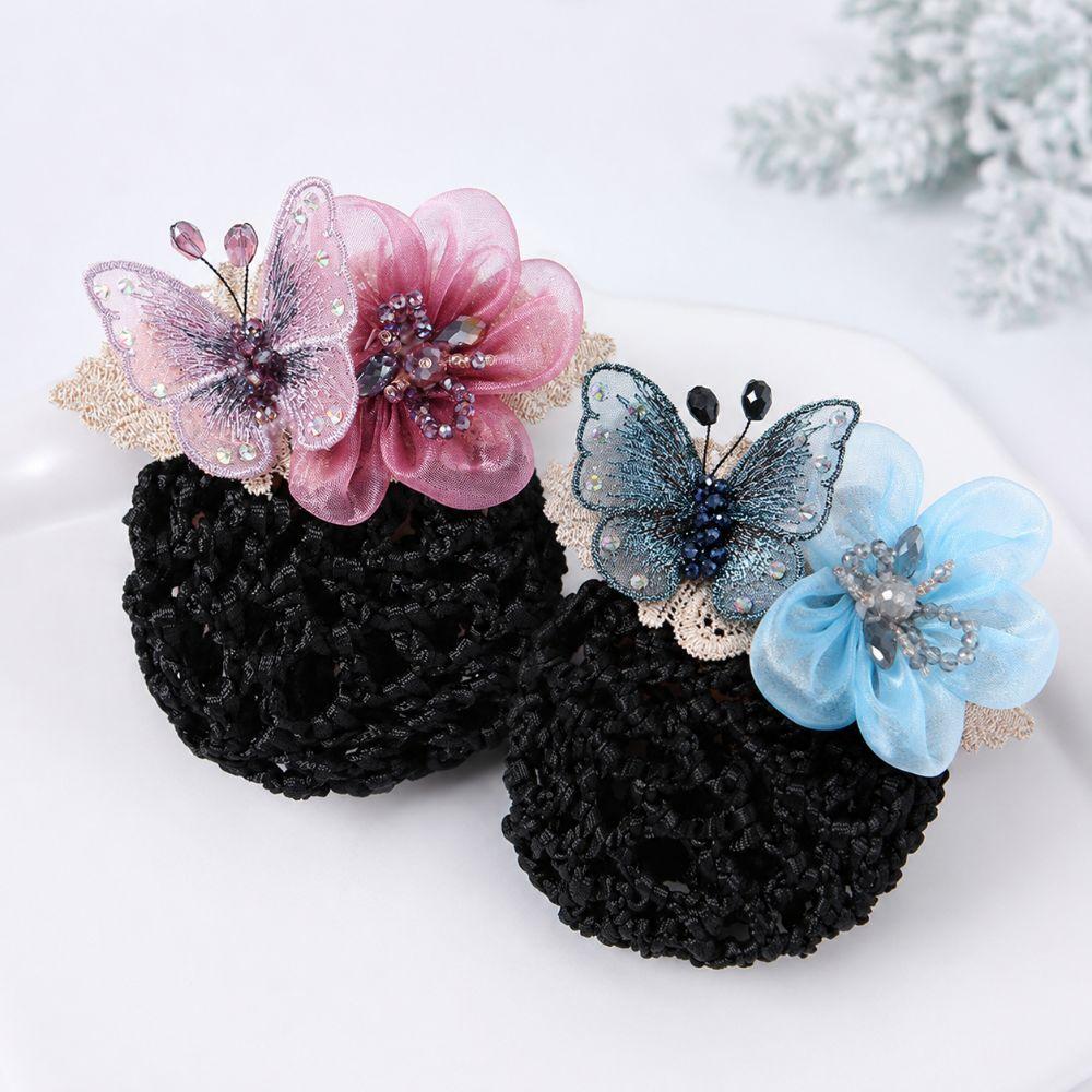 Butterfly Flower Elastic Hair Net Rhinestone Beads Decor Hair Bun Holder Hotel Staff Uniform