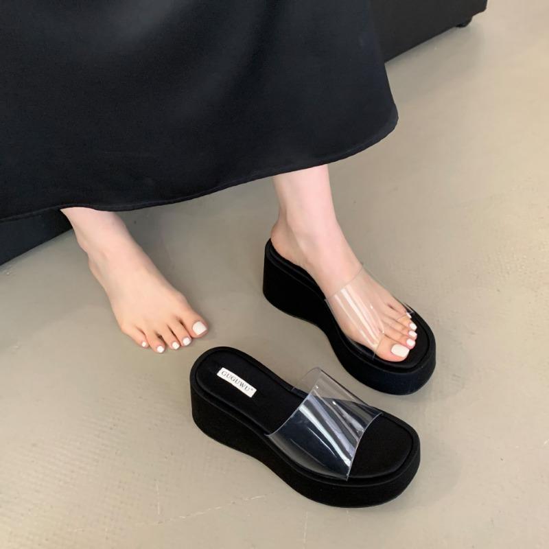 Sandals Women's Shoes Summer Fashion Temperament Sandals Heightened Transparent Belt Wear Thick-soled Wedge Heel One-word Slippers
